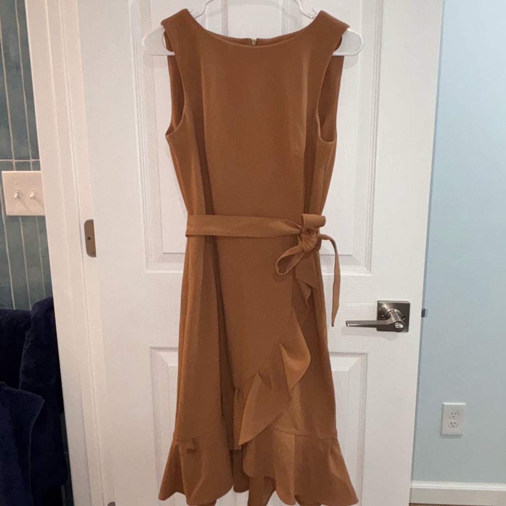 Calvin Klein Tan Midi Dress with Ruffle Hem